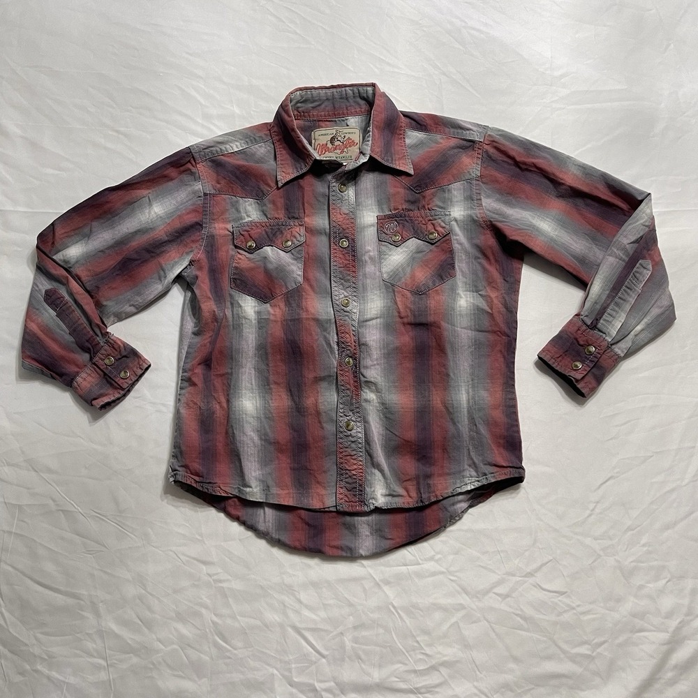 Wrangler Boys Western Pearl Snap Plaid Shirt Gray Red Long Sleeve Size M 7-8